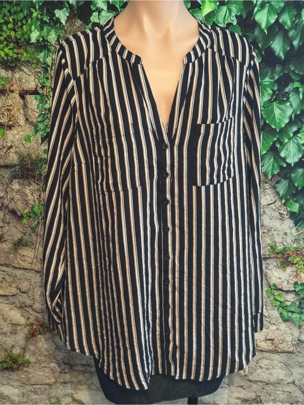 Torrid Black and Taupe Striped Button-Front Women's Blouse